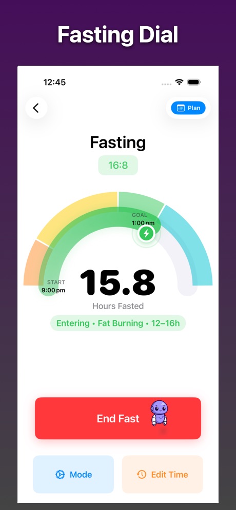 Fasting dial at 15.8 hours on a 16:8 plan, labeled Entering Fat Burning, with End Fast, Mode, and Edit Time.