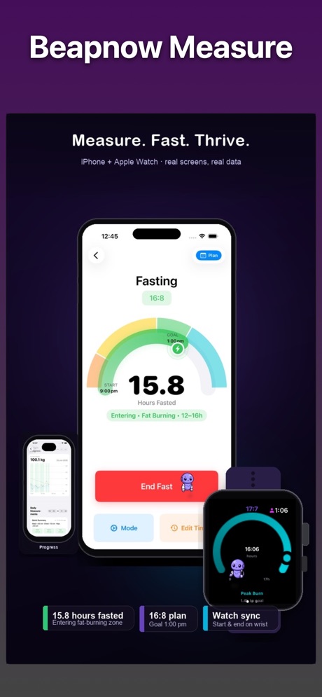 My Measure by Beapnow on iPhone and Apple Watch: a 15.8 hour fast in the fat-burning zone, a progress chart, and a watch dial synced to the same fast.
