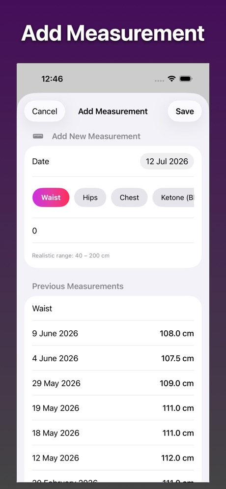 Add measurement screen with Waist selected, a value field, and a history of earlier waist measurements in centimeters.