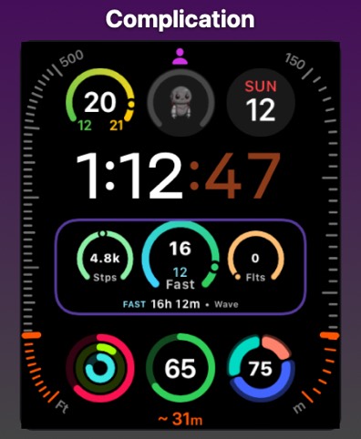Watch face with a complication showing steps, a 16-hour fast, flights, and the label FAST 16h 12m Wave.