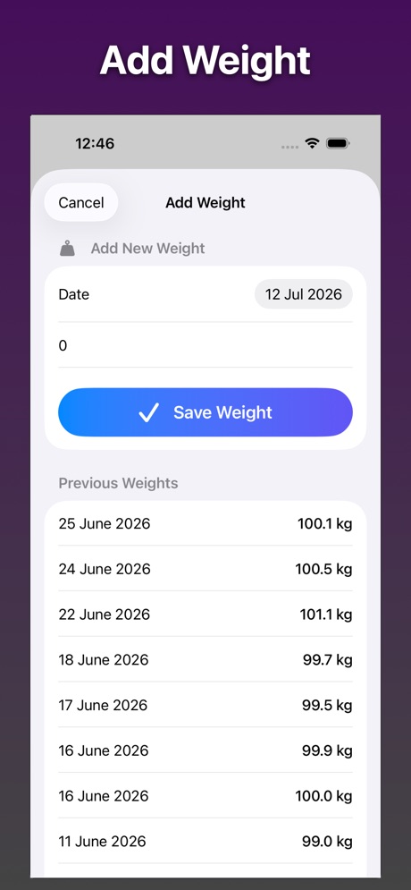 Add weight screen with a save button and a list of previous weights in kilograms.