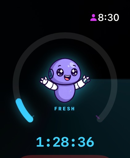 Fasty Solo watch screen with a cyan progress ring, the Fasty mascot labeled Fresh, and a timer reading 1 hour 28 minutes.