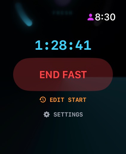 Watch screen with the running timer, a red End Fast button, Edit Start, and Settings.