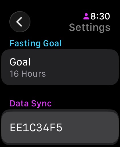 Settings screen with a 16-hour fasting goal and a data sync code.